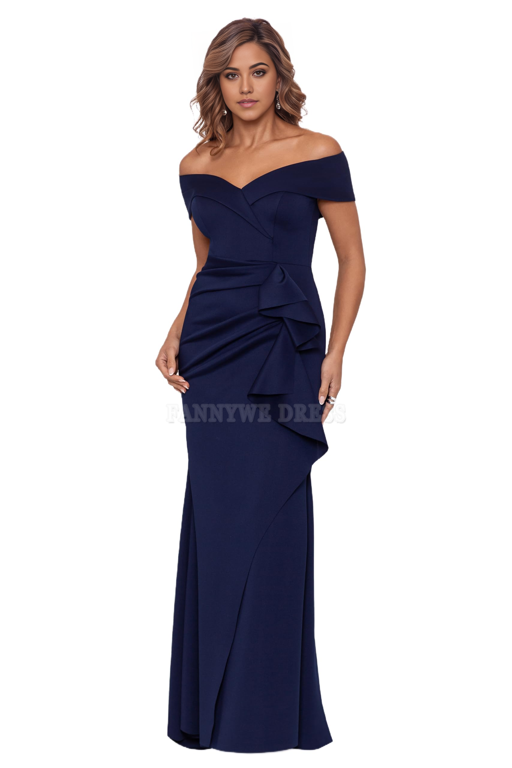Vestido formal de dama de honor, vestido de noche, vestido de fiesta, vestido largo con escote corazón y hombros descubiertos con volantes laterales